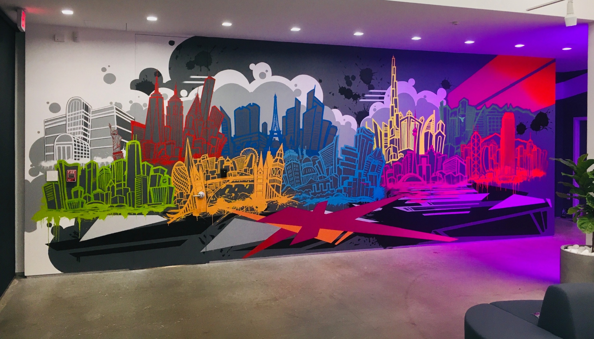 Colorful cityscape indoor mural